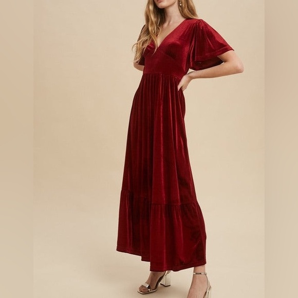 Burgundy Red Babydoll Bodice Velvet Maxi Dress - Picture 8 of 9